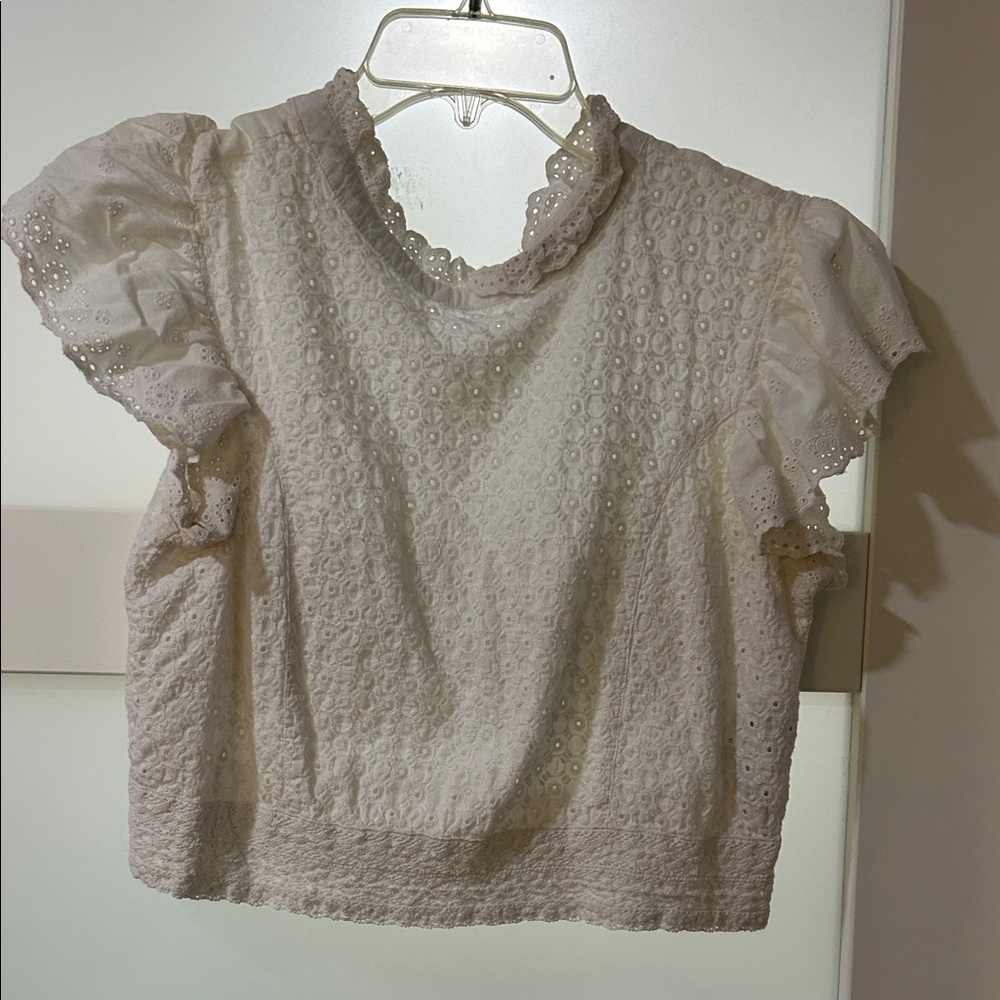 Zara Cream Eyelet Lace Short Sleeve Blouse